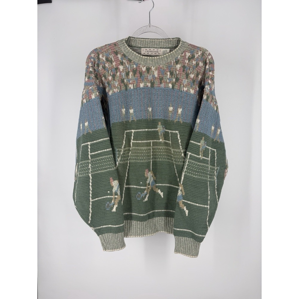 crossings Sweater Mens L Tennis Graphic Knit VTG Grandpa Core Sports Novelty AOP